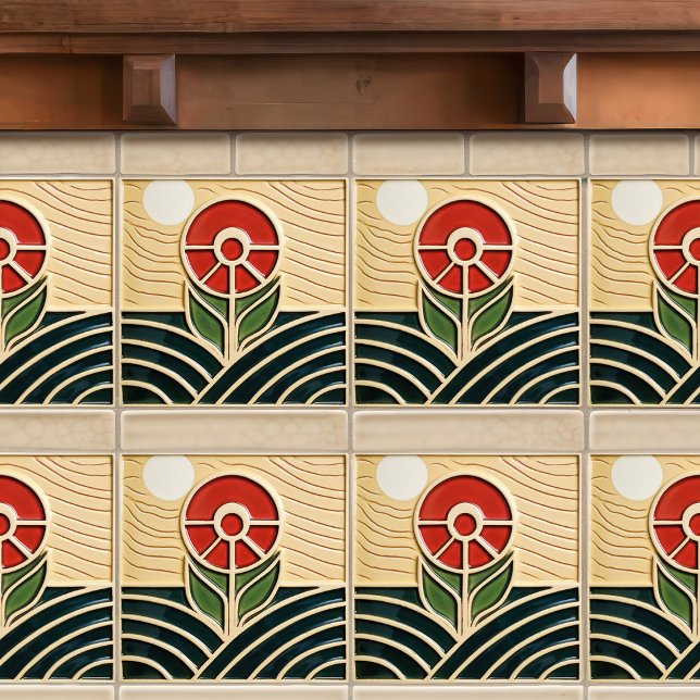 Red Flower Mid-Century Symmetry Arts and Crafts Tile (Creator Uploaded)
