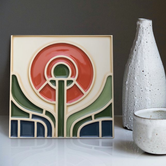 Red Flower Mid-Century Symmetry Arts and Crafts Tile (Creator Uploaded)