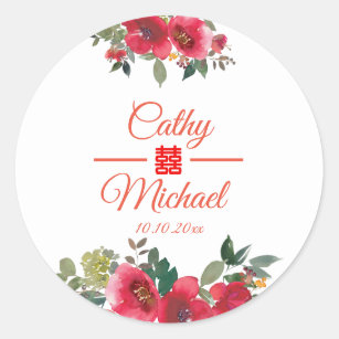 Red flower modern double happiness Chinese wedding Classic Round Sticker