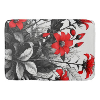 Red Flower On Black White Plant  Bath Mat