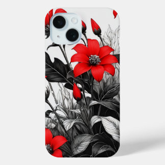 Red Flower On Black White Plant  iPhone 15 Case