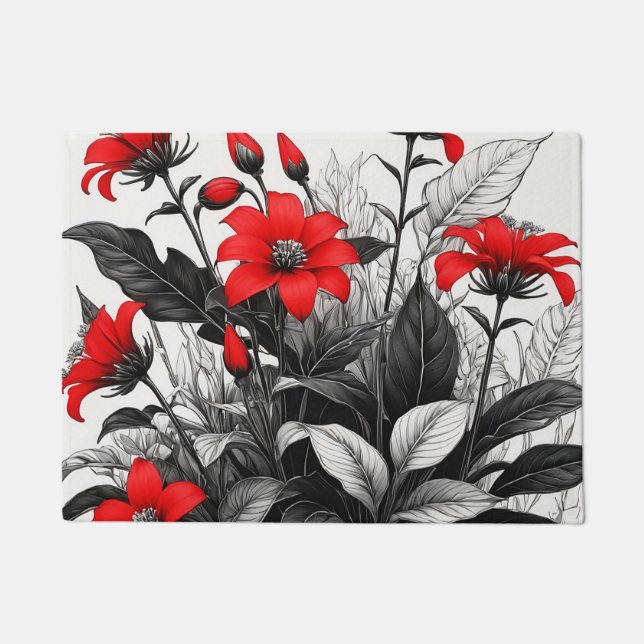 Red Flower On Black White Plant  Doormat (Front)
