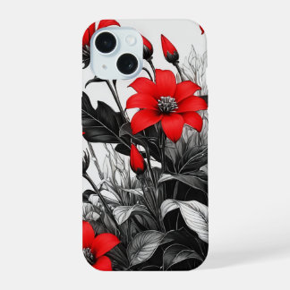 Red Flower On Black White Plant iPhone 15 Case