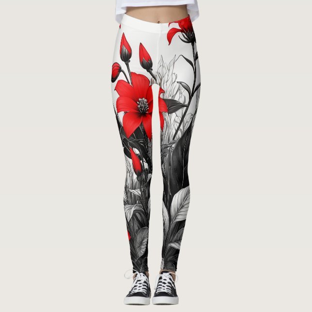 Red Flower On Black White Plant  Leggings (Front)
