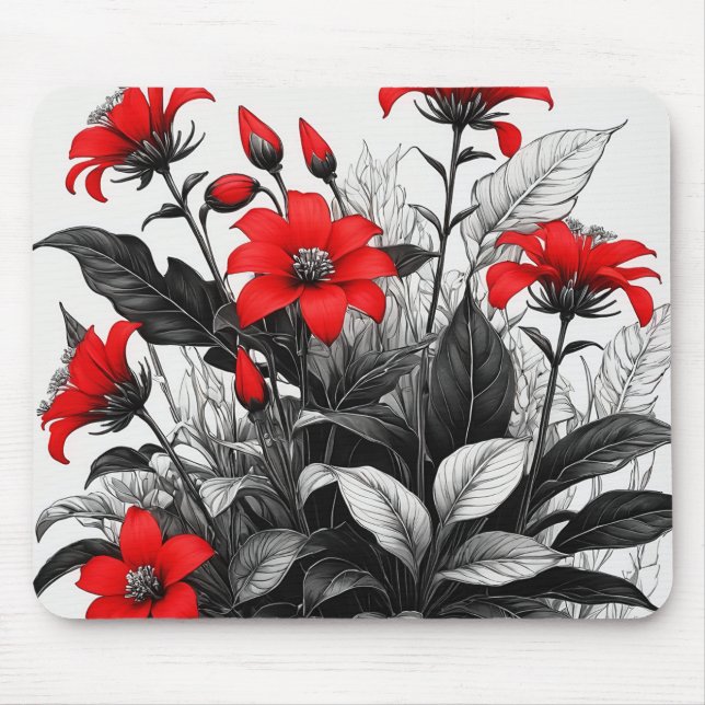 Red Flower On Black White Plant  Mouse Pad (Front)