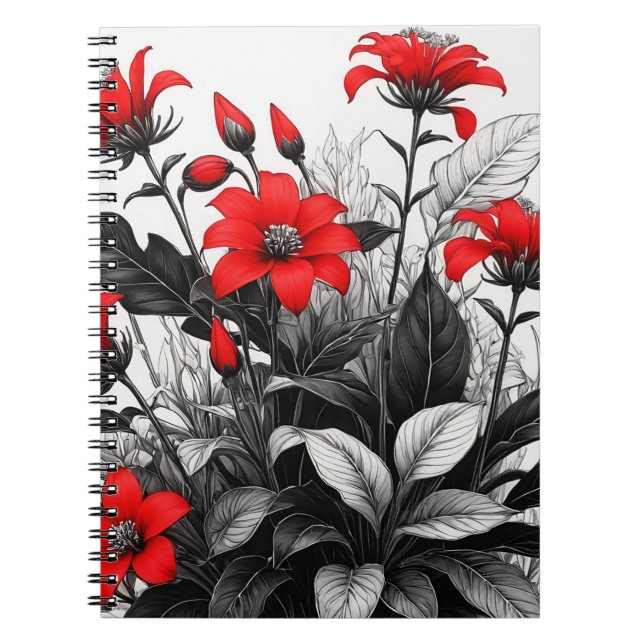 Red Flower On Black White Plant  Notebook (Front)