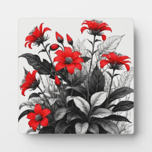 Red Flower On Black White Plant Plaque