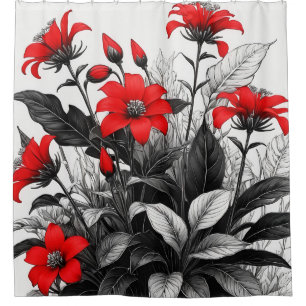 Red Flower On Black White Plant  Shower Curtain