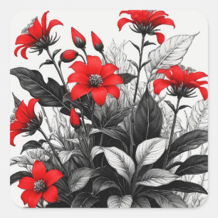 Red Flower On Black White Plant Square Sticker