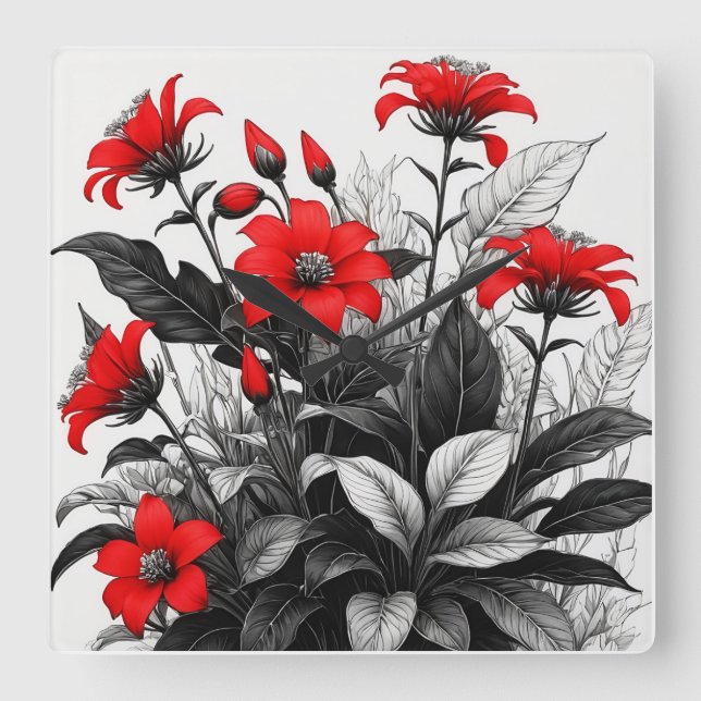 Red Flower On Black White Plant  Square Wall Clock (Front)