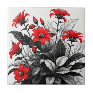 Red Flower On Black White Plant  Tile