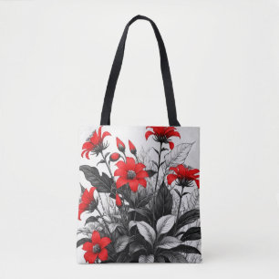 Red Flower On Black White Plant Tote Bag