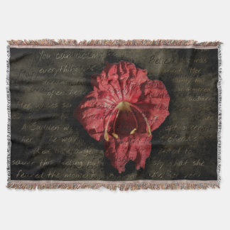 Red Flower on Grunge Text Throw Blanket