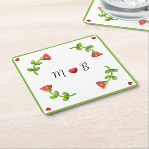 Red Flower Paper – Initials and Heart Design Square Paper Coaster