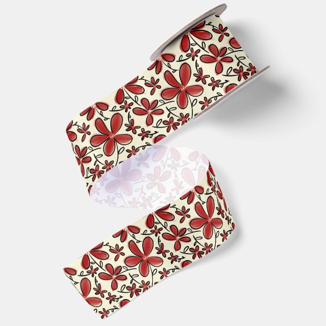 Red flower pattern satin ribbon (Front+Back)