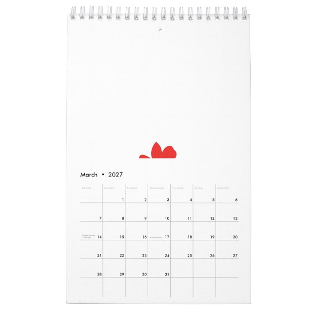 Red flower petal design with a light blue centre. calendar (Mar 2027)