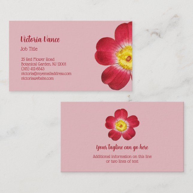 Red Flower Pink Background Business Card (Front/Back)