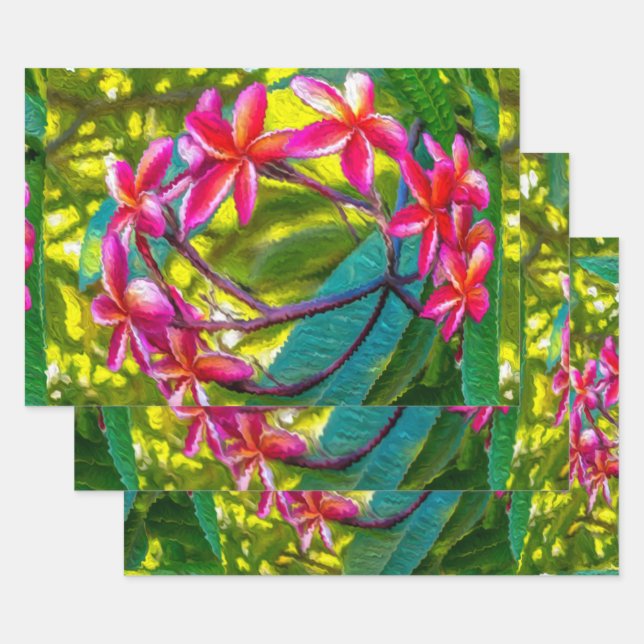 Red Flower Plumeria Pattern Wrapping Paper Sheet (Set)