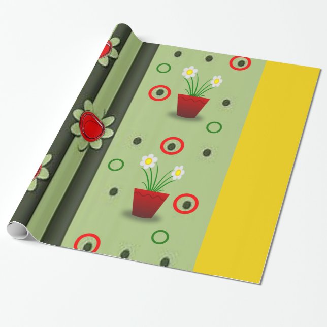 red flower pot green yellow wrapping paper (Unrolled)