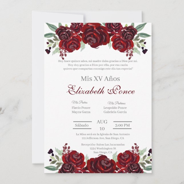 Red flower Quinceanera invitation (Front)