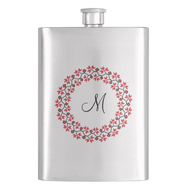 Red flower ring Personalised Monogram Initial Hip Flask (Front)