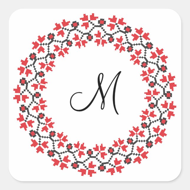 Red flower ring Personalised Monogram Initial Square Sticker (Front)