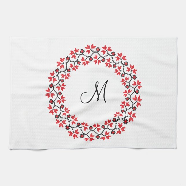 Red flower ring Personalised Monogram Initial Tea Towel (Horizontal)