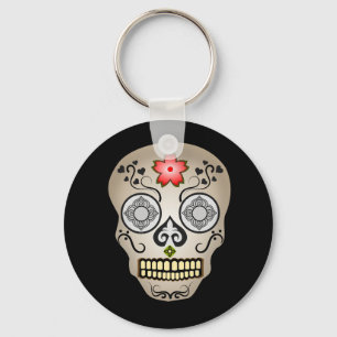Red Flower Sugar Skull Button Keychain