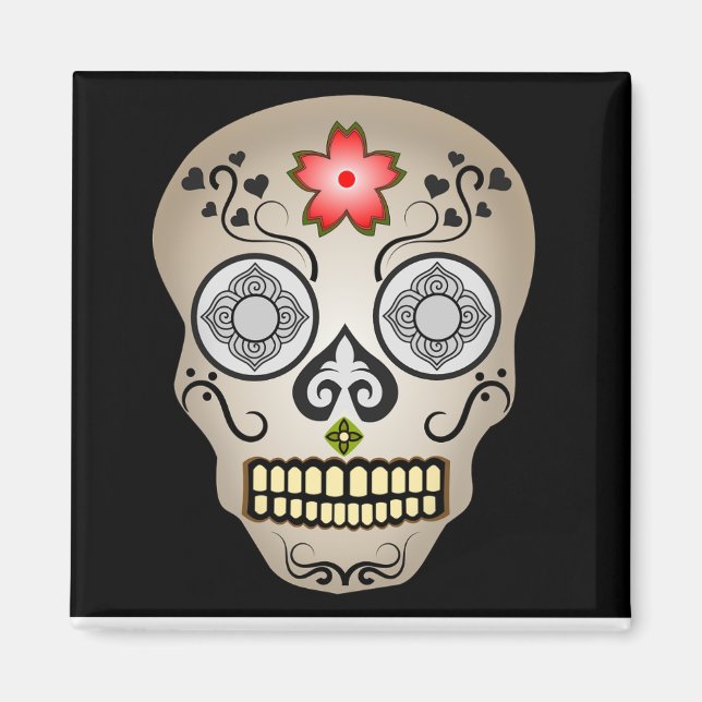 Red Flower Sugar Skull Magnet (Front)