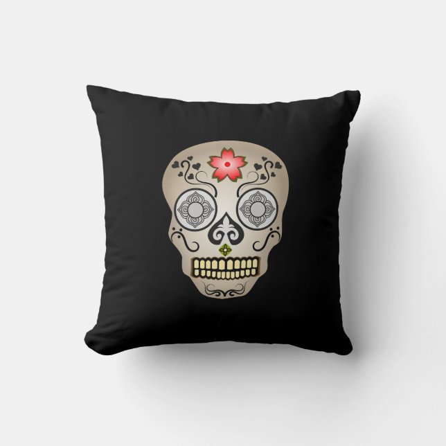 Red Flower Sugar Skull Pillow (Front)