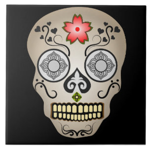 Red Flower Sugar Skull Tile