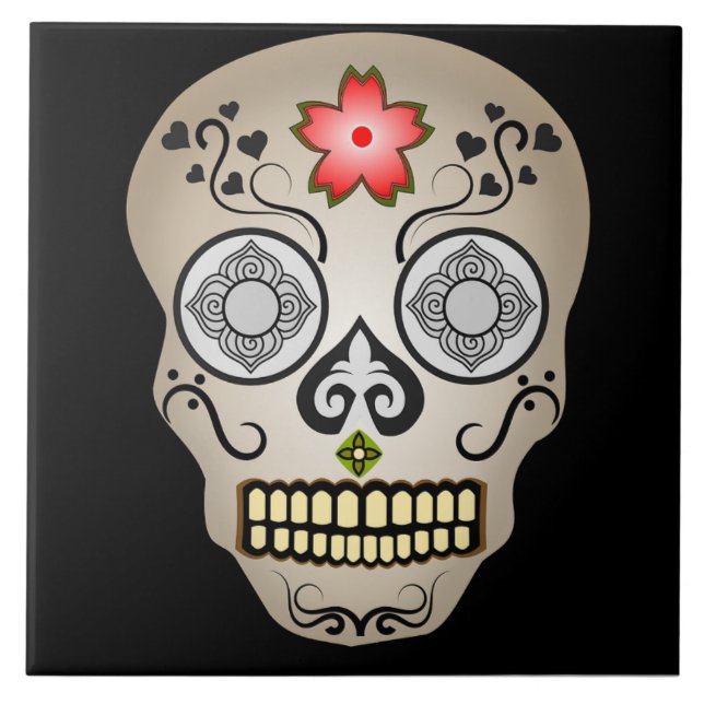 Red Flower Sugar Skull Tile (Front)