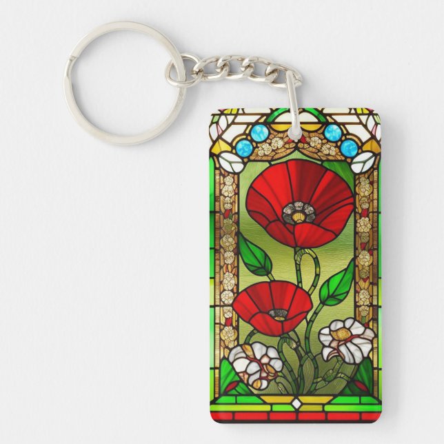 Red Flower Vivid Stained Glass Art Key Ring (Front)