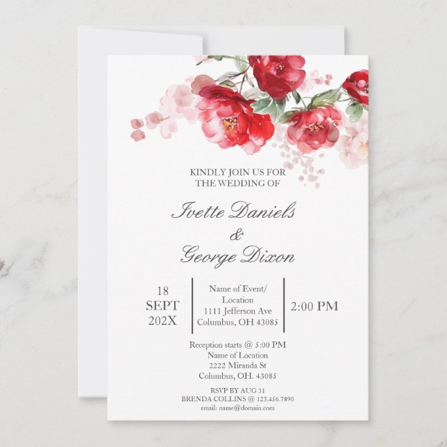Red flower wedding invitation (Front)