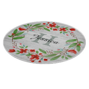 Red Flower Wreath Rustic Personalised Cutting Board