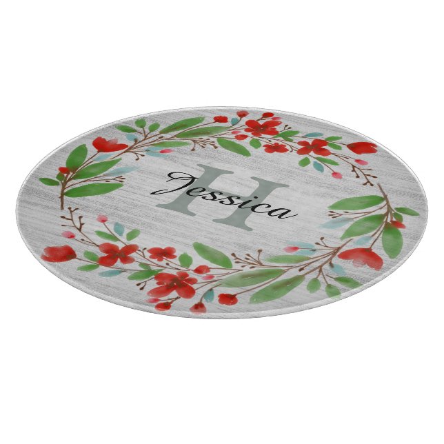 Red Flower Wreath Rustic Personalised Cutting Board (Corner)
