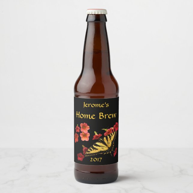 Red Flower Yellow Swallowtail Butterfly Beer Label (Front)