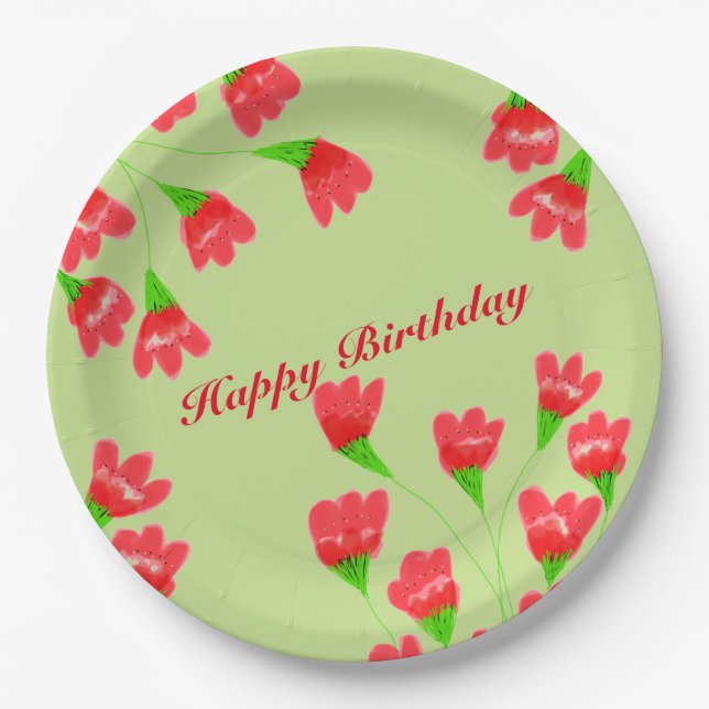 Red Flowered 9 Inch Paper Plates (Front)