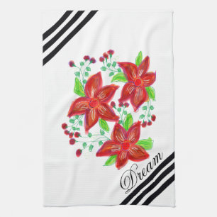Red Flowered Design Tea Towel
