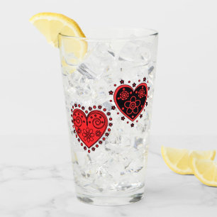 Red Flowered Hearts Glass