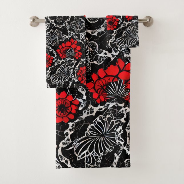Red Flowers and Black Lace Seamless Pattern Bath Towel Set (Insitu)