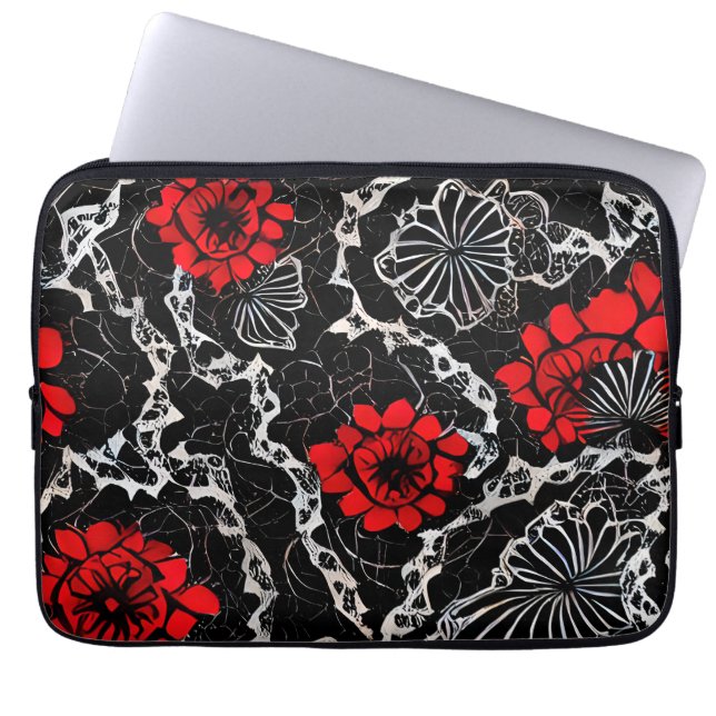 Red Flowers and Black Lace Seamless Pattern Laptop Sleeve (Front)