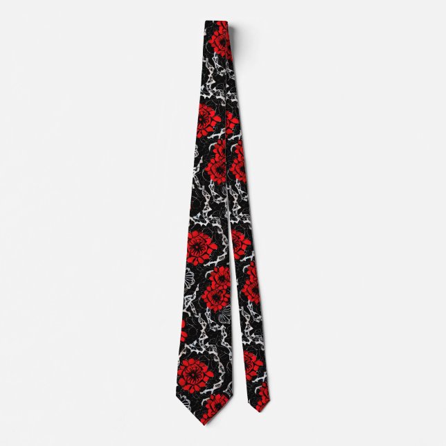 Red Flowers and Black Lace Seamless Pattern Tie (Front)
