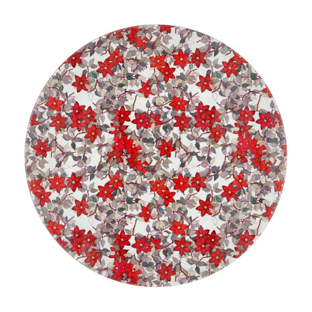 Red flowers and silver grey leaves cutting board (Front)