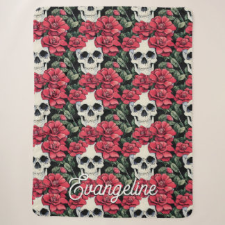 Red Flowers and Skulls Watercolor Sherpa Blanket