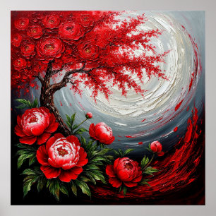 Red Flowers and Tree Against a Swirling Background Poster