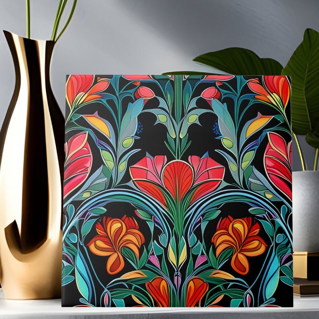 Red Flowers Art Deco Art Nouveau Tile (Creator Uploaded)