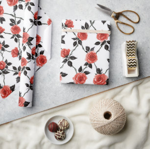 Red Flowers Black Leaves Birthday Wrapping Paper