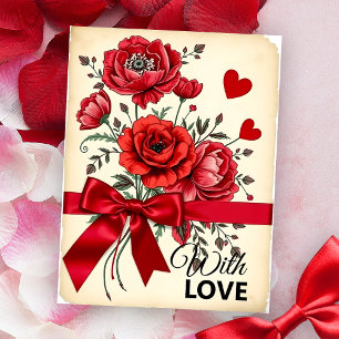 Red Flowers Bouquet with Hearts and Ribbon Postcard