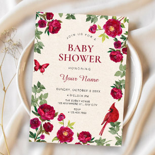 Red flowers branch baby shower invitation